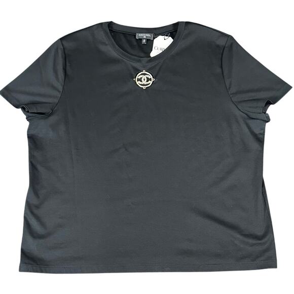 Chanel Black T-Shirt w/ Removable Crystal CC Brooch Size 42/44 - Picture 7 of 8